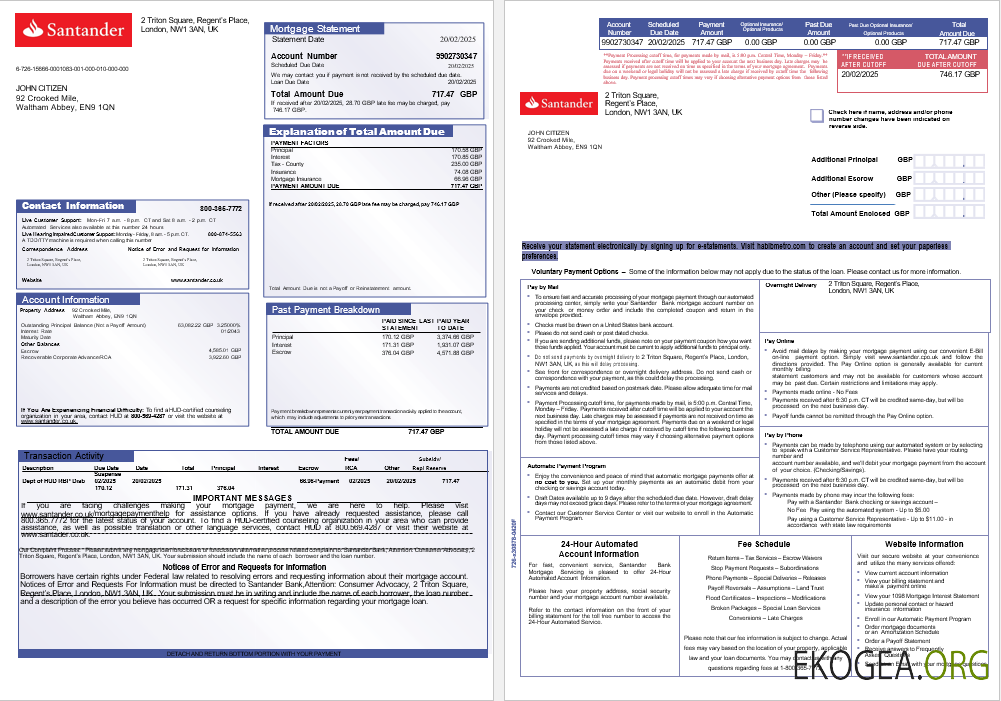 Royaume , Uni Relevé hypothécaire de la banque Santander aux formats Word et PDF, 3 pages 1 , 2
